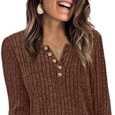 跨境新款女装亚马逊女士圆领坑条磨毛纯色扣子拼接纯色恤女