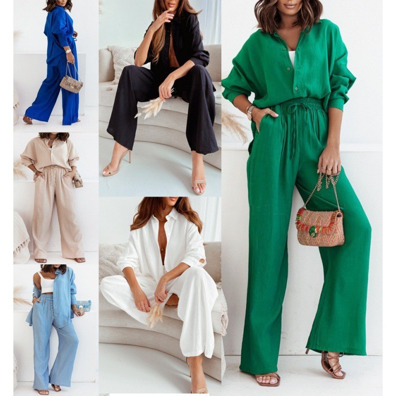 时尚欧美秋冬新款宽松弹力皱长袖衬衫阔腿裤休闲套装女件套