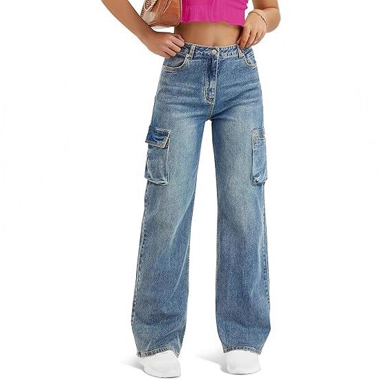 跨境欧美亚马逊高腰复古多口袋时尚休闲百搭显瘦直筒牛仔裤女