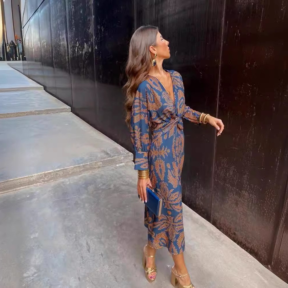 跨境外贸亚马逊独立站秋季印花女装连衣裙