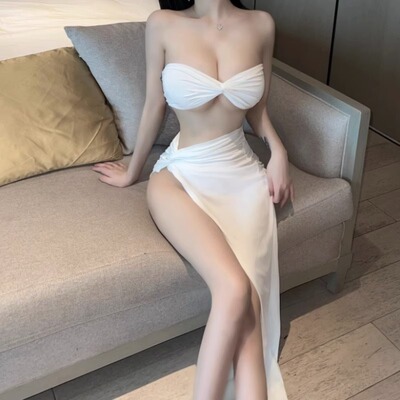 欧美风辣妹性感抹胸露肩超短上衣+高开叉半身长裙ins度假海边套装