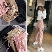 Guochao overalls phụ nữ buông lơi bf2019 mùa thu mới sinh viên eo cao Phiên bản Hàn Quốc của dầm chân chín điểm là quần harem mỏng - Quần Harem