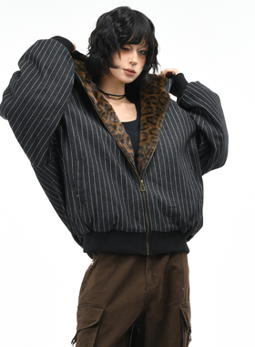 OV原创美式复古条纹连帽保暖棉服外套男女冬季宽松豹纹座山雕棉衣