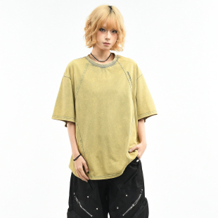 宽松做旧水洗半袖 OV原创 T恤女夏季 复古解构廓形短袖 上衣男潮 美式