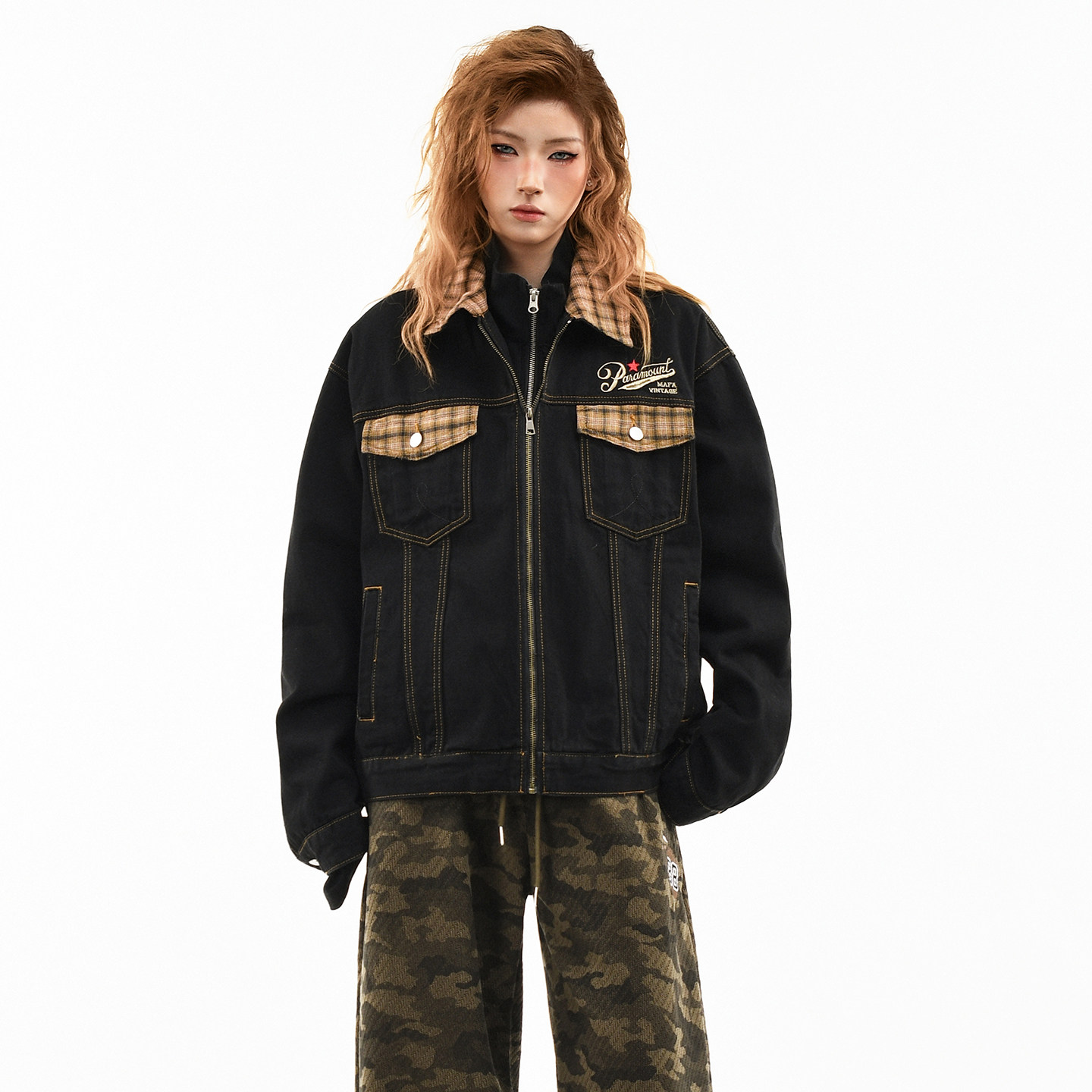 OV原创美式复古格子拼接水洗牛仔夹克女春季宽松短款机车翻领外套,女装/女士精品,短外套,淘宝优惠券,粉丝福利购,淘宝优惠卷