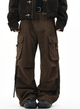 OV原创美式工装风大口袋褶皱设计工装裤男女宽松直筒水洗休闲长裤