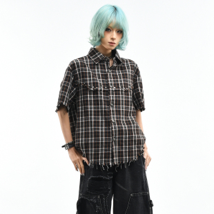宽松短款 OV原创美式 女夏季 衬衫 毛边衬衣男潮 复古格子撞色铆钉短袖