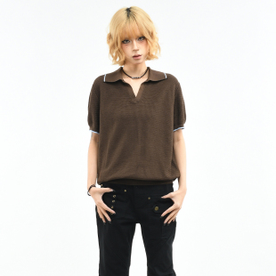 宽松显瘦针织短袖 OV原创 女夏季 短款 T恤男潮 复古老钱风翻领POLO衫