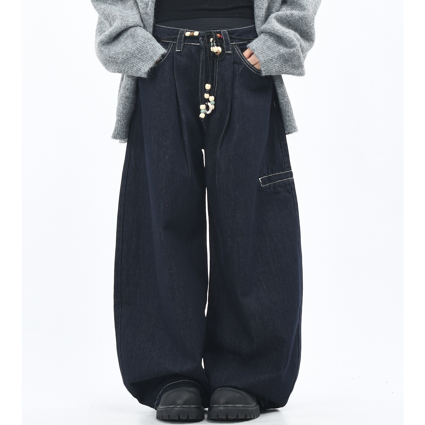 原创美式串珠腰链设计弯刀牛仔裤