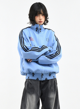 OV原创美式复古三杠运动风立领卫衣女春季宽松拉链开衫休闲外套男