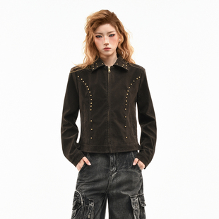 OV原创美式复古铆钉设计皮绒翻领外套女春季哈灵顿修身短款夹克潮