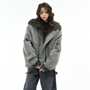 OV原创美式 宽松保暖棉衣外套男潮 复古做旧加绒加厚连帽棉服女冬季