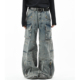 长裤 男女宽松阔腿多口袋工装 潮 复古解构拼接水洗牛仔裤 OV原创美式
