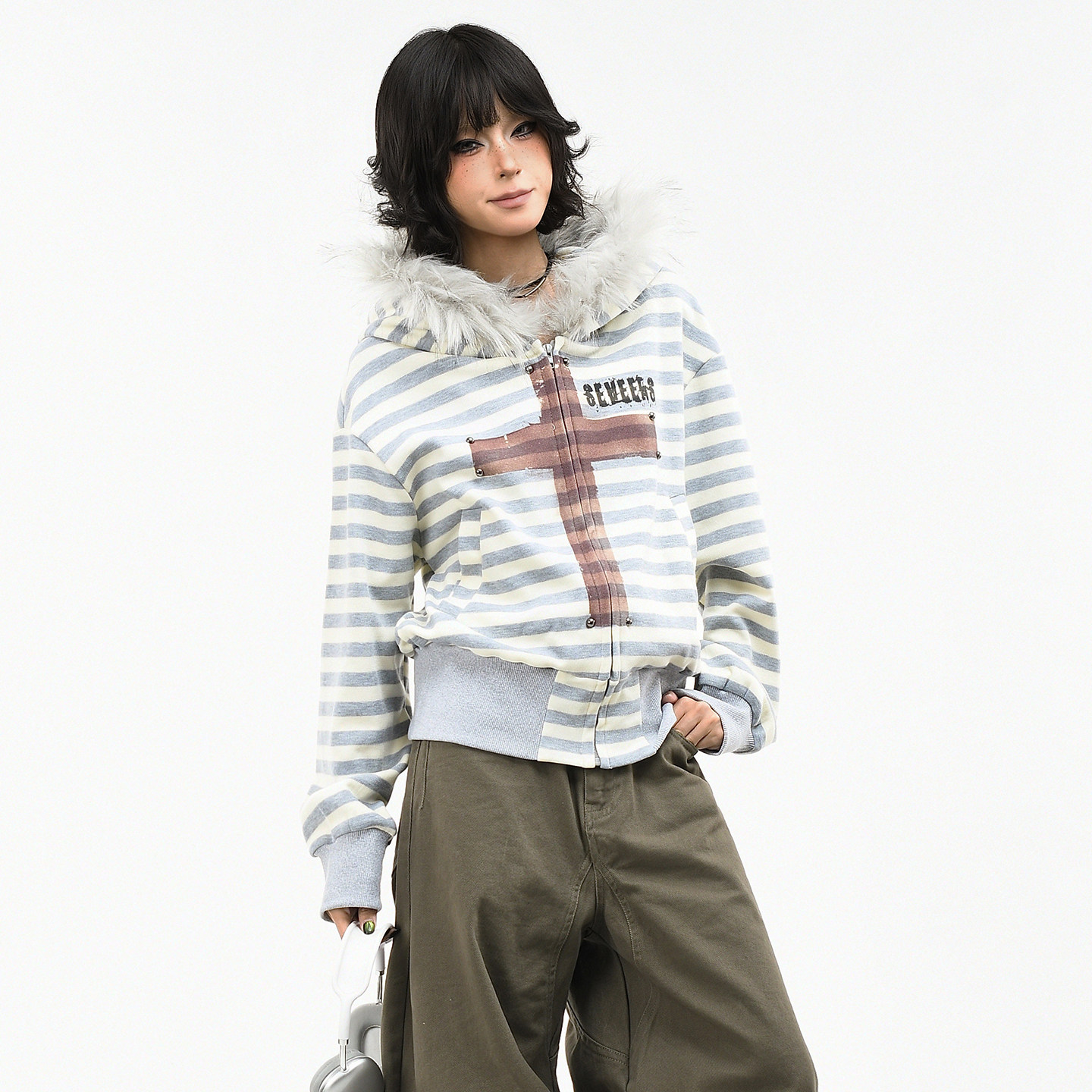OV原创美式十字架印花条纹毛领连帽卫衣女春季修身短款开衫外套潮