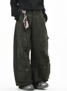 OV原创美式多口袋挂件设计水洗工装裤男女复古宽松阔腿弯刀长裤潮