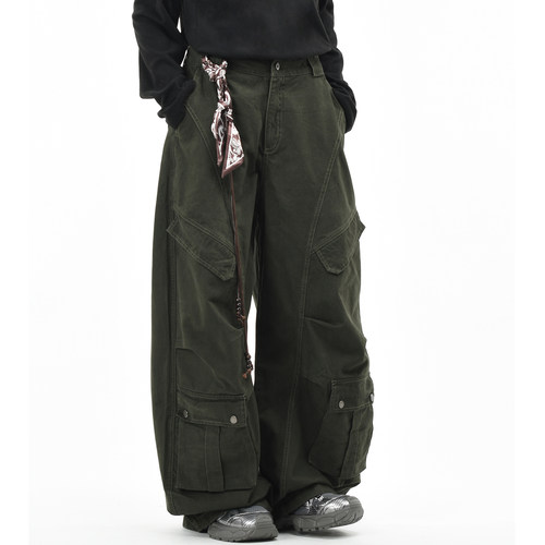 原创美式多口袋挂件水洗工装裤潮