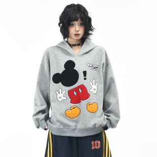 上衣宽松复古情侣帽衫 OV原创美式 趣味卡通毛巾刺绣连帽卫衣女秋季