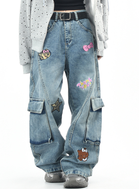 OV原创卡通趣味KT猫刺绣水洗工装牛仔裤男女街头宽松直筒显瘦长裤