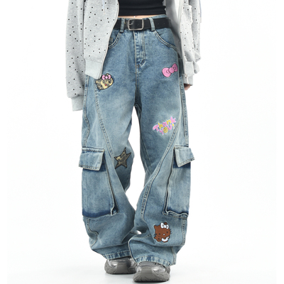 原创卡通趣味KT猫刺绣工装牛仔裤