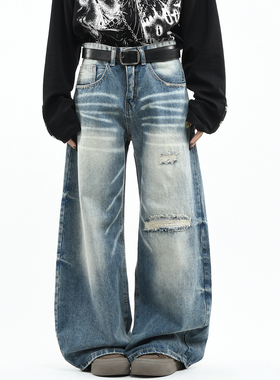 OV原创美式复古猫须水洗磨破洞牛仔裤男女宽松直筒显瘦拖地长裤子