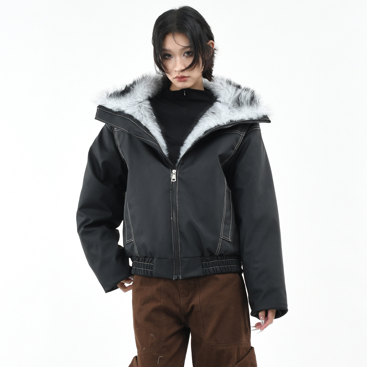 原创美式明线毛领PU皮棉服外套潮