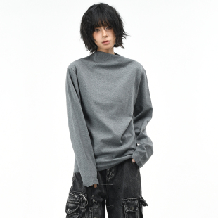 百搭显瘦打底衫 OV原创 T恤女秋季 交叉半高领设计长袖 上衣男潮 美式