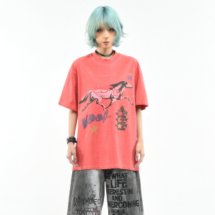 宽松潮牌纯棉上衣男 T恤女夏季 OV原创 街头风马年限定做旧水洗短袖