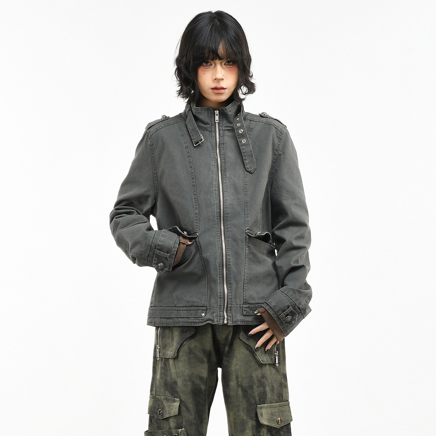 OV原创美式做旧水洗多口袋工装外套女春季休闲短款机车夹克上衣潮