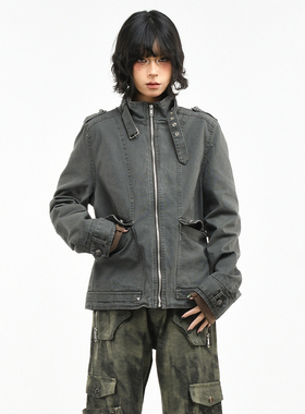 OV原创美式做旧水洗多口袋工装外套女春季休闲短款机车夹克上衣潮