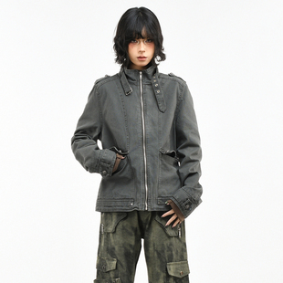 OV原创美式 外套女春季 休闲短款 机车夹克上衣潮 做旧水洗多口袋工装