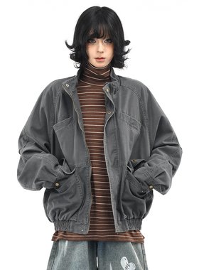 OV原创美式复古水洗做旧立领夹克女秋季街头宽松痞帅工装外套男潮