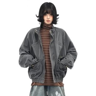 外套男潮 街头宽松痞帅工装 OV原创美式 复古水洗做旧立领夹克女秋季