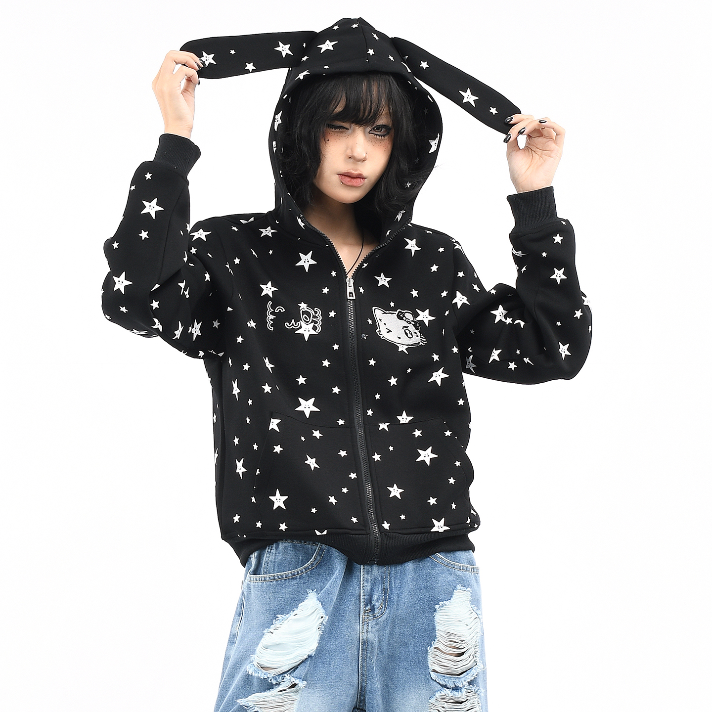 原创卡通KT猫刺绣复古星星卫衣潮