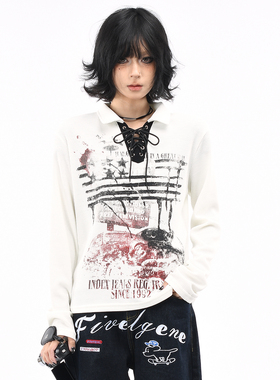 OV原创美式涂鸦绑带V领设计长袖T恤女秋季短款正肩华夫格显瘦上衣