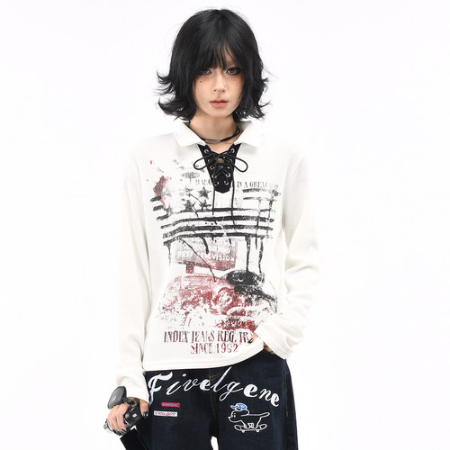 长袖美式涂鸦绑带V领设计正肩T恤