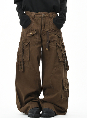 OV原创美式多口袋飘带机能风工装裤女街头宽松阔腿水洗长裤子男潮