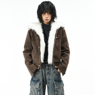 OV原创美式复古毛领可拆卸棉服女冬季高级感短款保暖PU皮棉衣外套