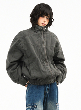 OV原创美式鲨鱼鳍解构拼接水洗棉服女冬季宽松工装短款棉衣外套男
