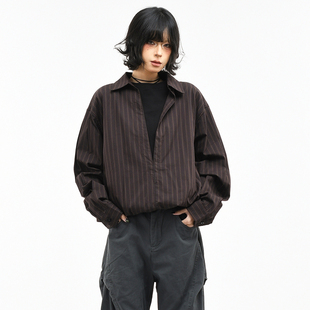 衬衫 OV原创 美式 深V领假两件拼接长袖 松弛感条纹宽松衬衣男 女春季