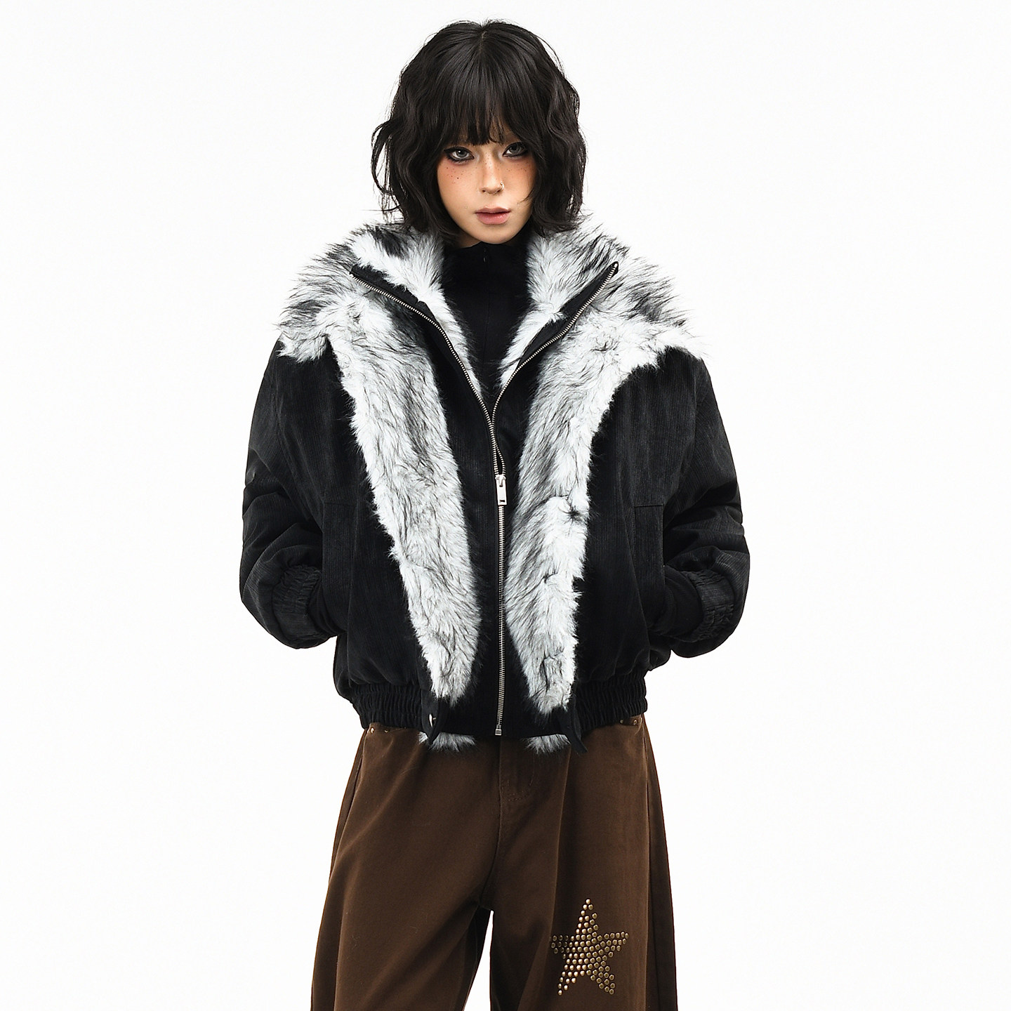 OV原创美式假两件狼王座山雕短款棉服外套女冬季宽松保暖棉衣男潮