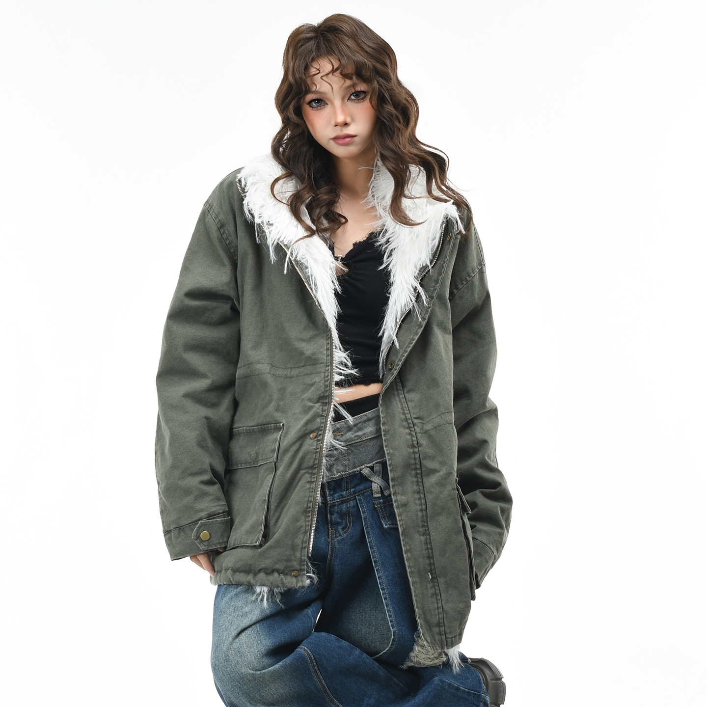 原创美式复古工装毛领棉衣外套潮