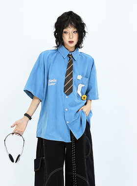 OV原创夏季美式学院风领带设计短袖衬衫男女宽松休闲百搭情侣衬衣