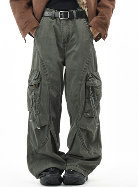 OV原创美式复古做旧工装风多口袋休闲裤男女宽松直筒褶皱痞帅长裤