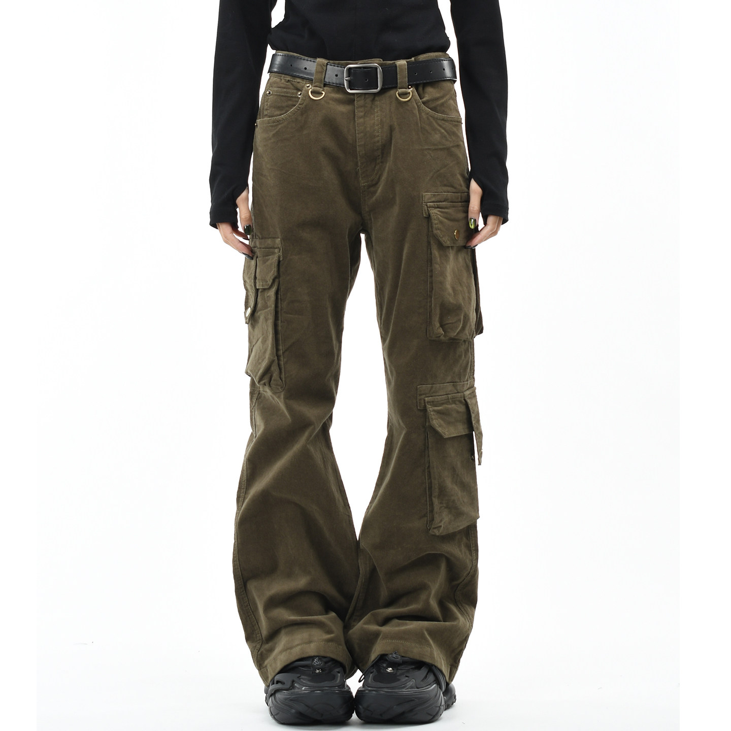 OV原创美式复古灯芯绒做旧微喇叭休闲裤男女修身多口袋工装长裤潮