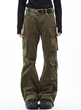 OV原创美式复古灯芯绒做旧微喇叭休闲裤男女修身多口袋工装长裤潮