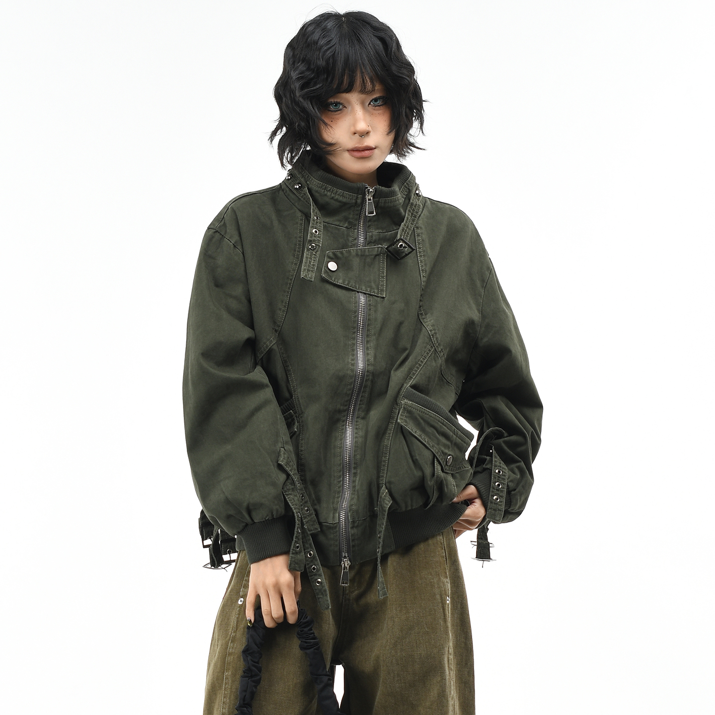 原创美式复古绑带做旧牛仔外套潮