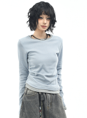 OV原创/美式复古假两件条纹长袖T恤女秋季正肩短款收腰显瘦打底衫