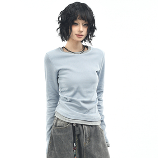 收腰显瘦打底衫 OV原创 正肩短款 T恤女秋季 美式 复古假两件条纹长袖