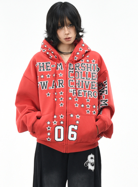 OV原创美式复古星星涂鸦加绒连帽卫衣女冬季宽松保暖拉链开衫外套