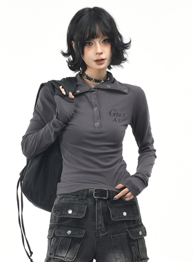 OV原创/美式辣妹半开翻领长袖T恤女秋季修身正肩短款打底衫上衣潮